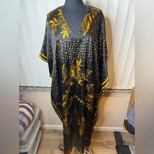Ashro Elegant Black Gold Beaded Floral Kaftan Dress One Size